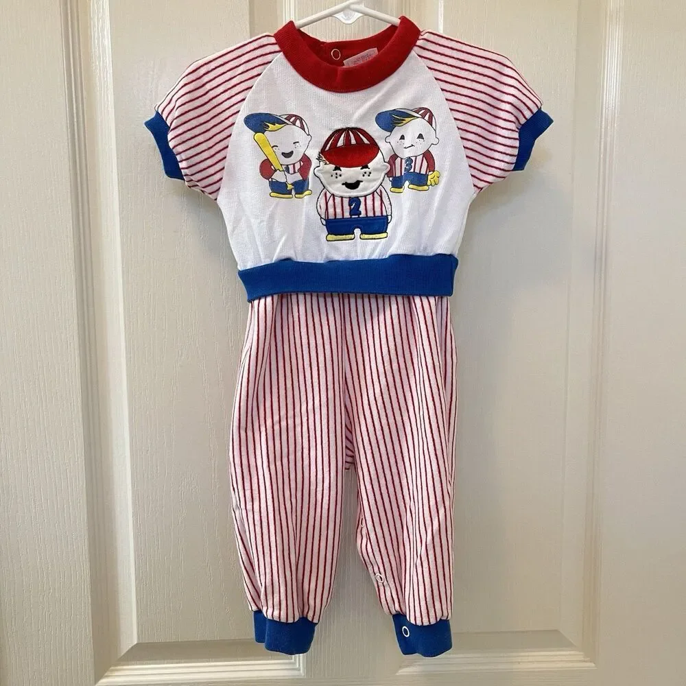 Vintage Buster Brown Baseball Jumpsuit Romper Applique USA Boys Size 12 Months